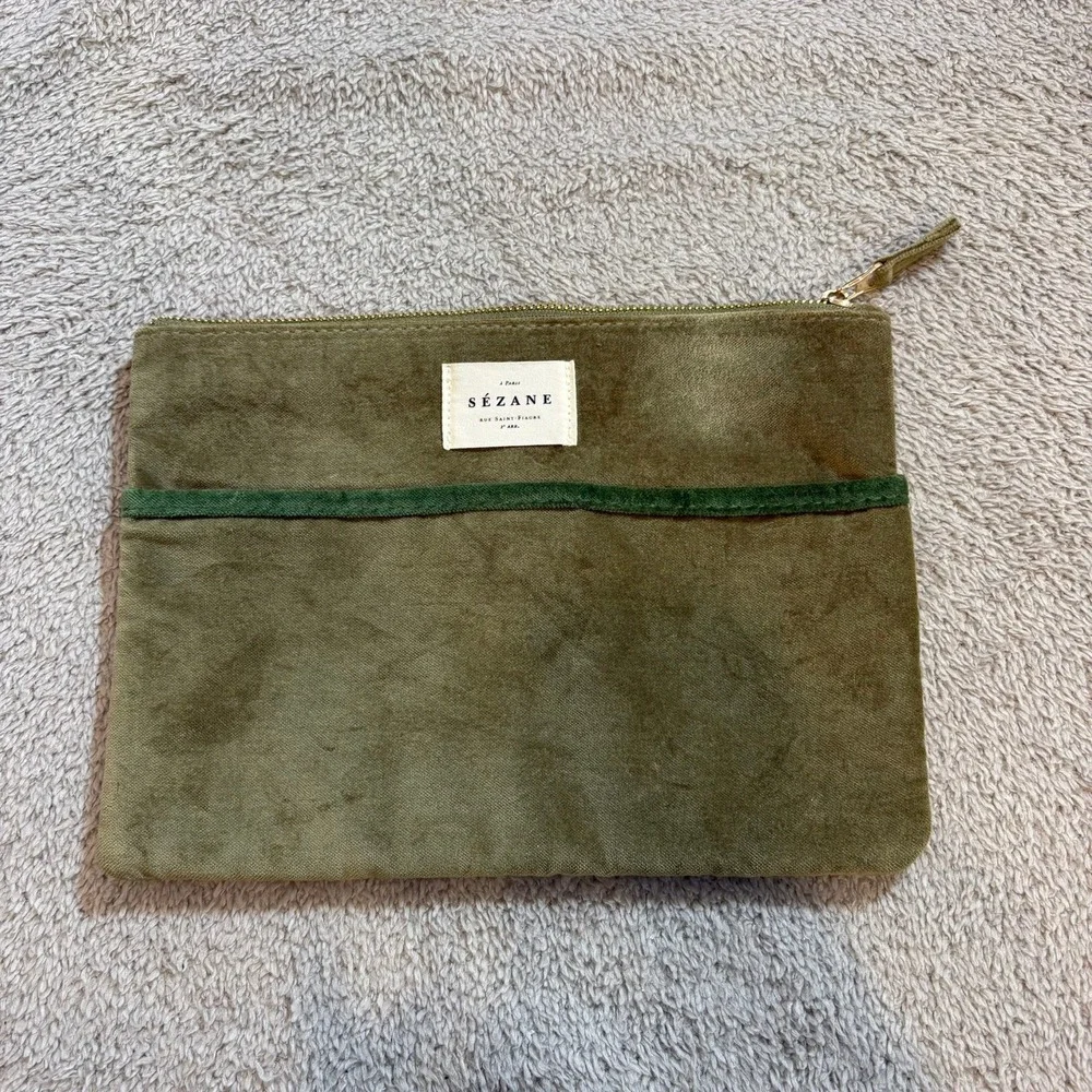 Sezane Olive Green Cotton Velvet Zippered Pouch Makeup Bag Clutch Travel - Picture 1 of 10